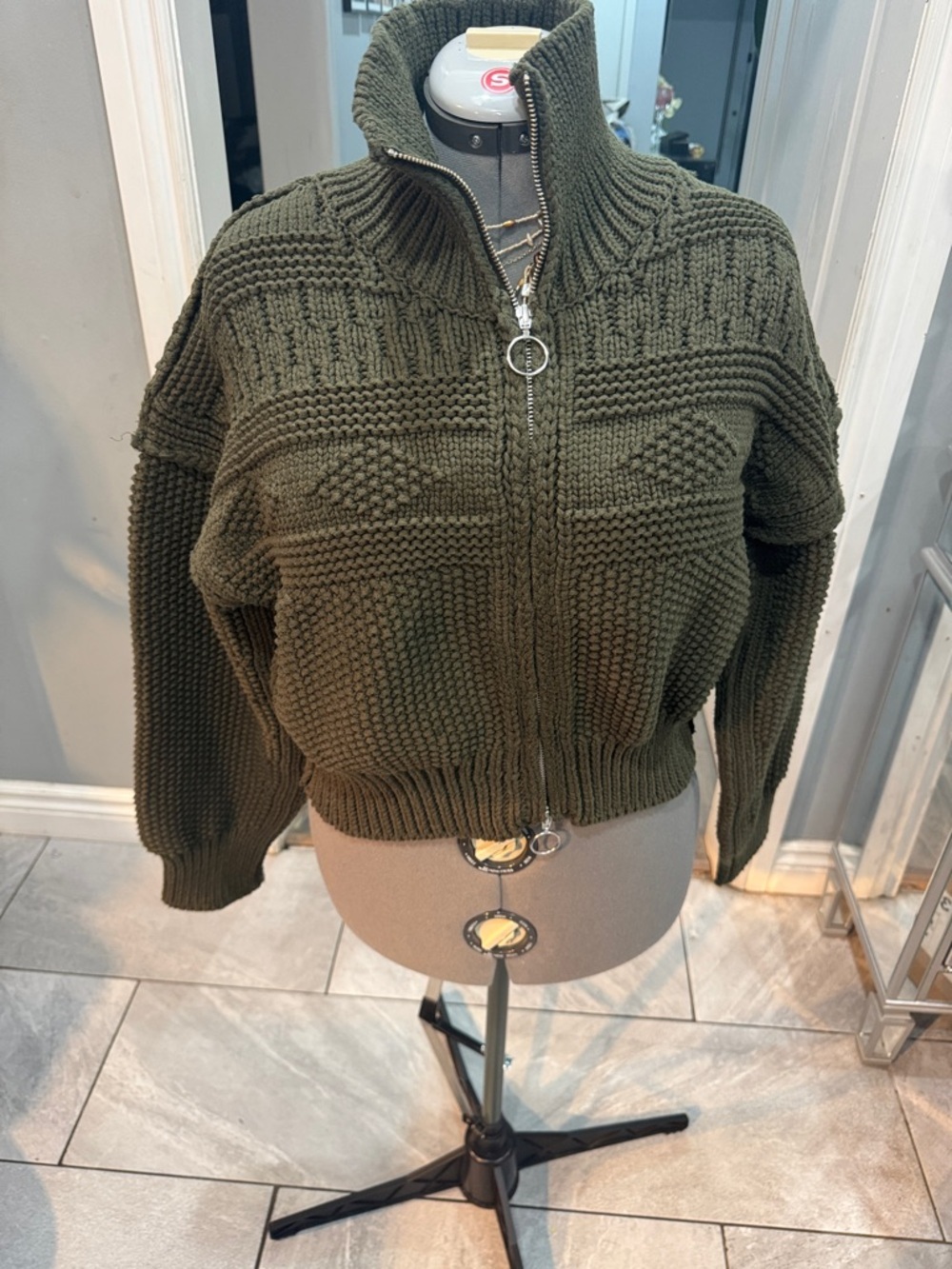 Anthropologie Olive Green Chunky Zip-Up Knit Sweater